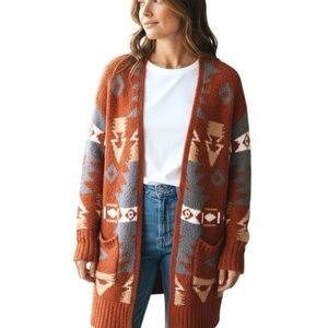 Warm Cozy Lifestyle Knit Cardigan Southwestern Rust Brown Chenille Sz L Western